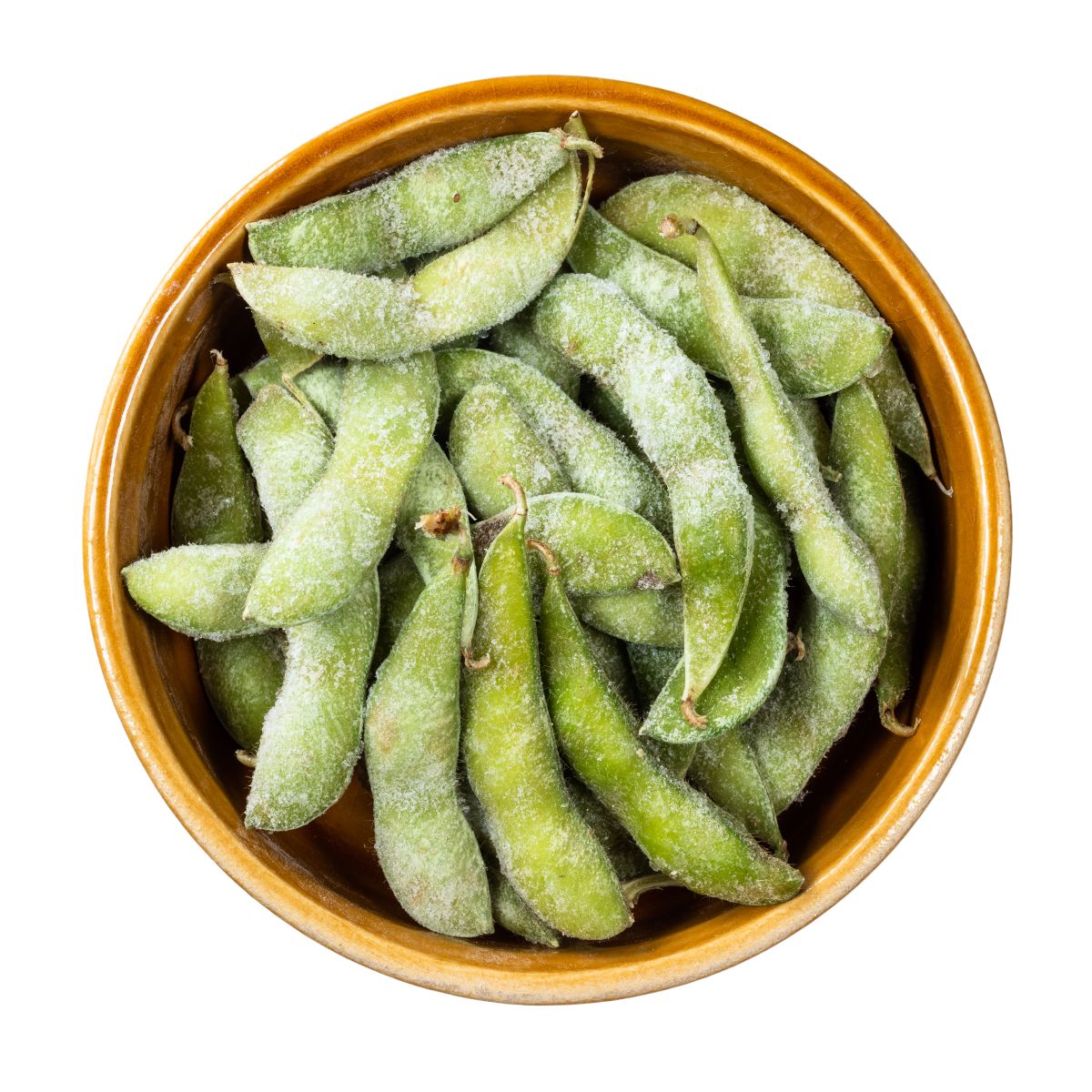 Bowl of frozen edamame by KrimKate via iStock